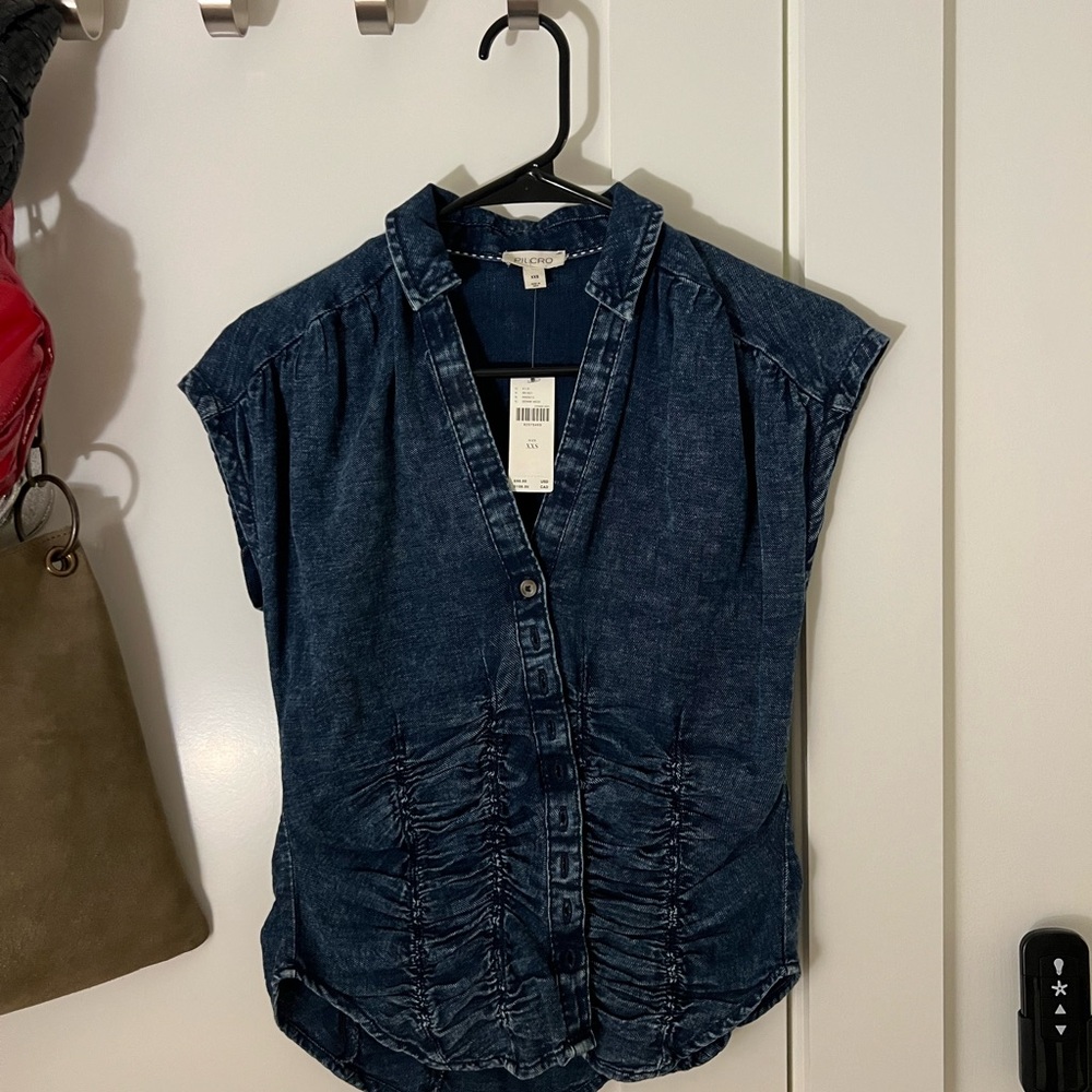 Pilcro Blue Button Down Blouse with Ruched Detailing and Mandarin Collar